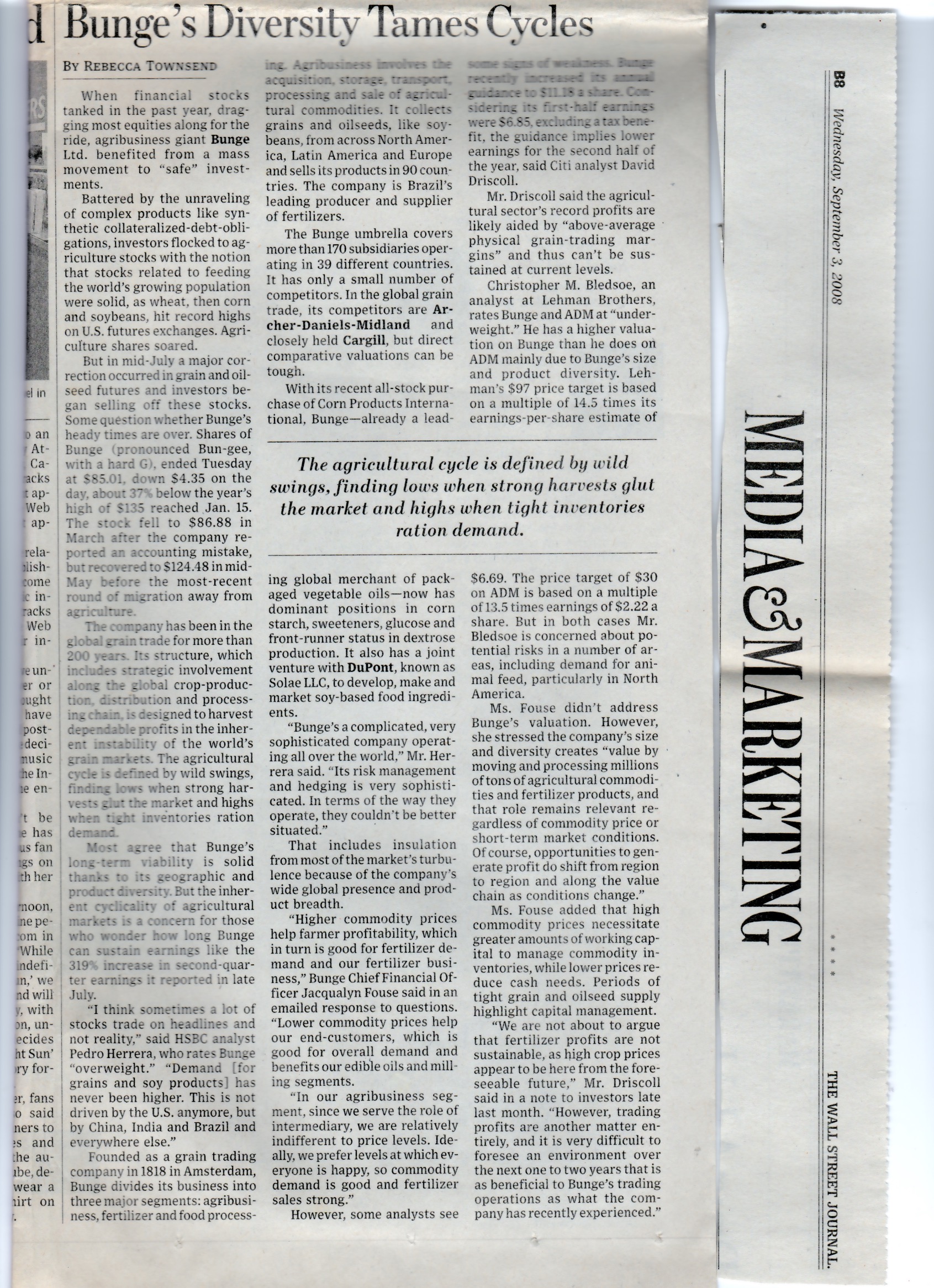 Bunge's Diversity Tames Cyles WSJ 2008 1