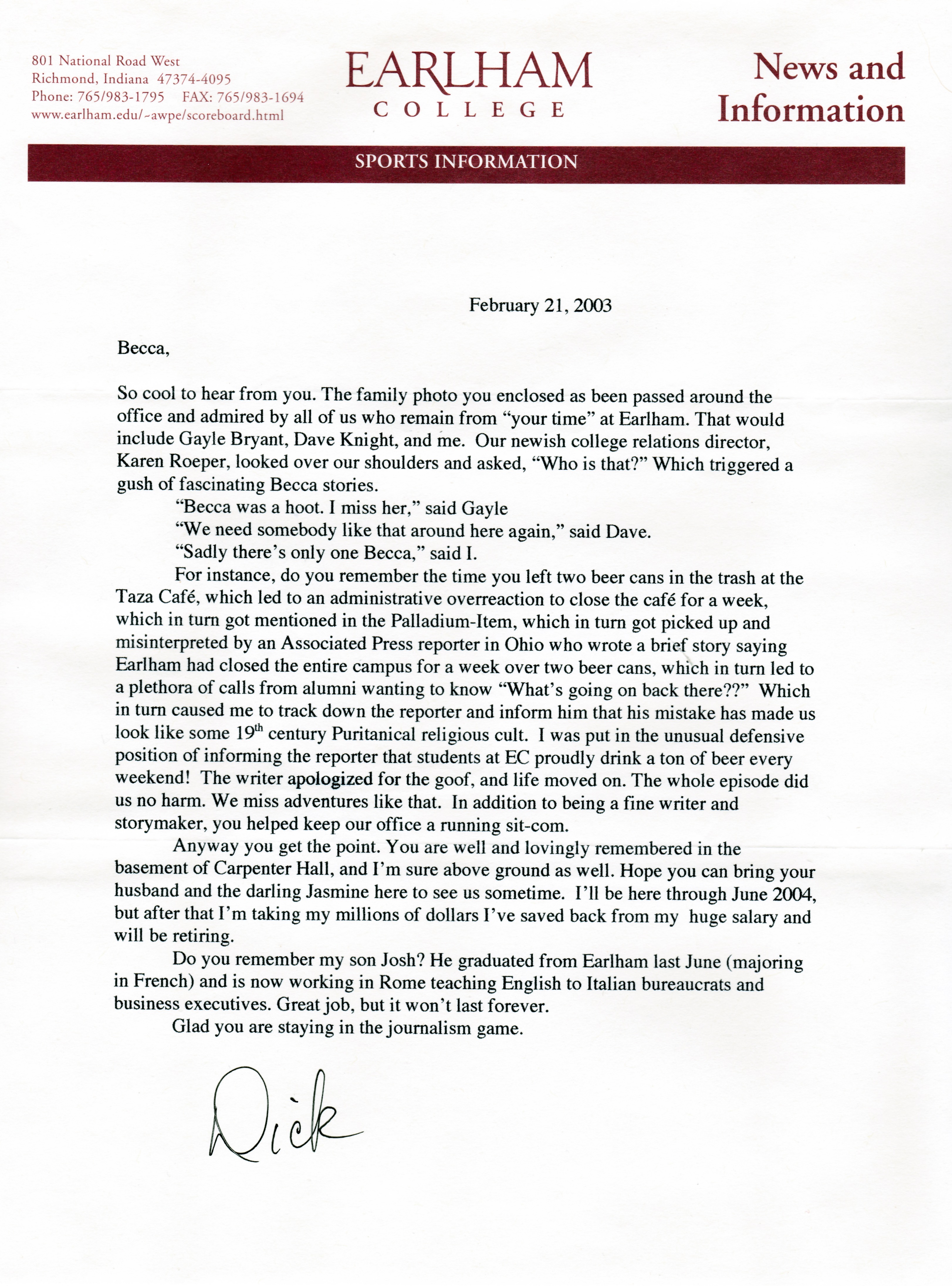 Letter from Dick Holden 2003